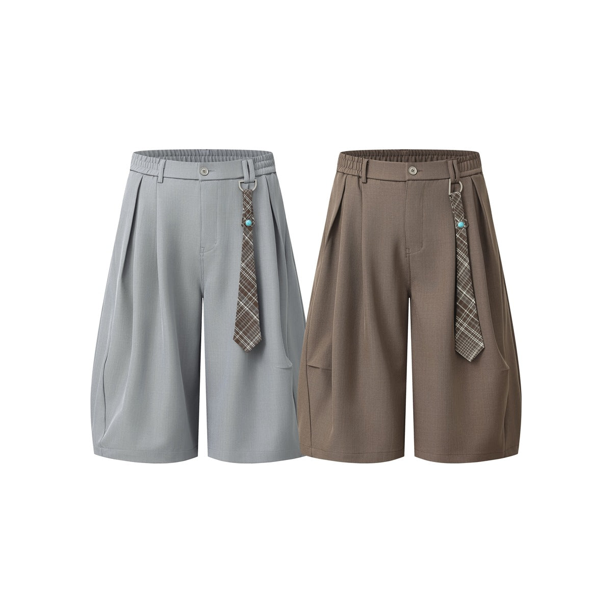 Front views of wide-leg shorts in light gray and taupe, each with pleats, an elastic waist, and a plaid hanging strap.