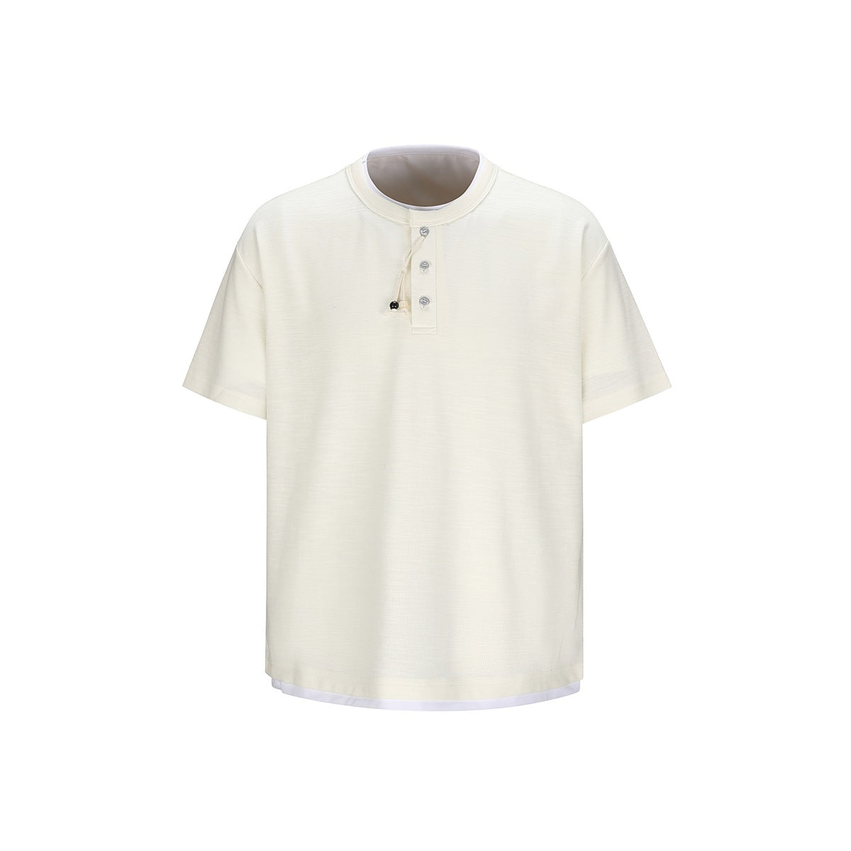 Off-white short-sleeve henley T-shirt with three buttons, beaded cord and white layered neckline and hem
