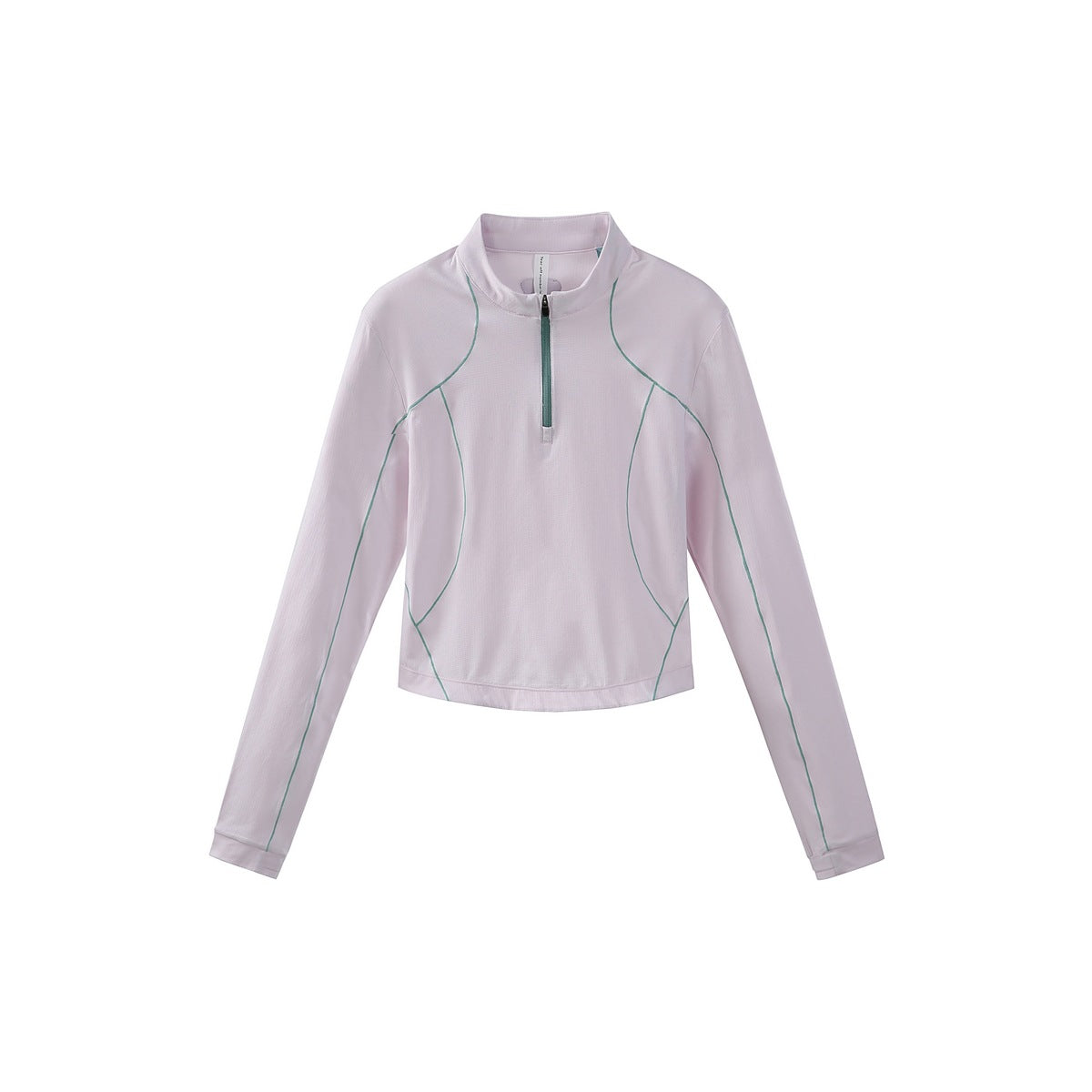 Pale pink cropped half-zip long-sleeve top with green contrast piping and green zipper, flat lay