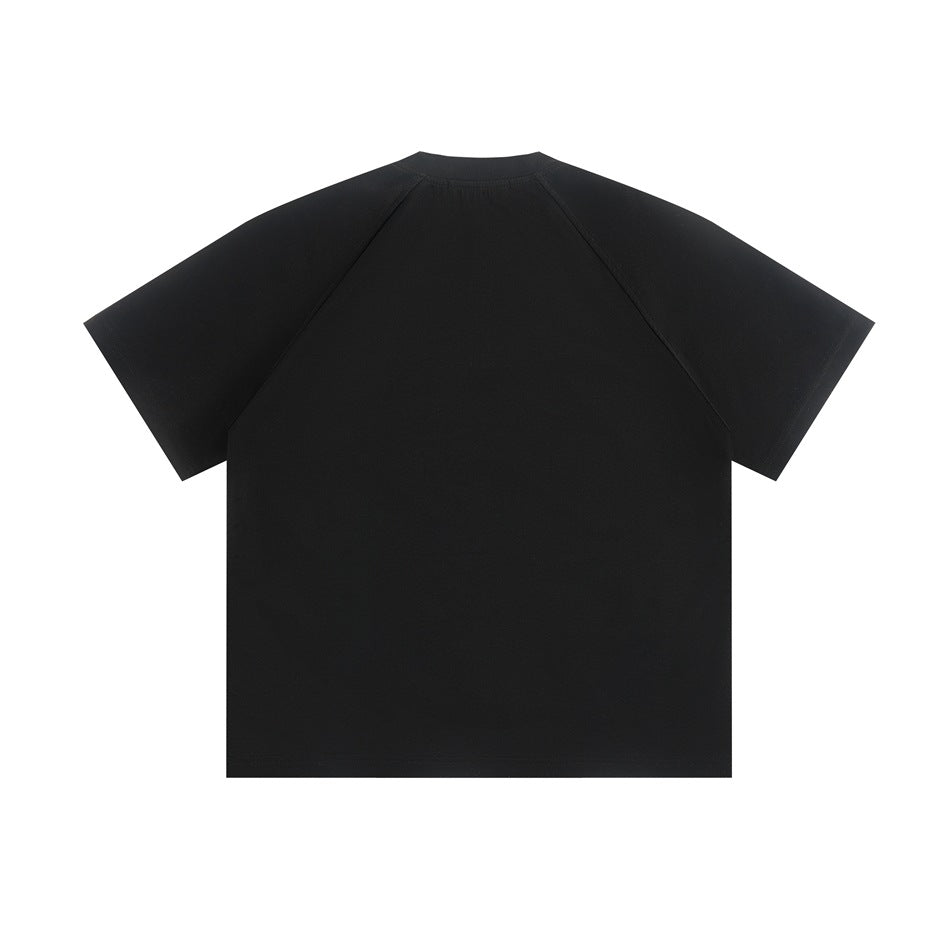 Black short-sleeve T-shirt with raglan sleeve seams, back flat view