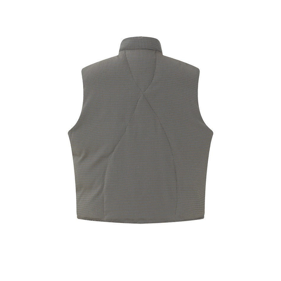 Back view of a gray micro-check sleeveless vest with a stand collar and shaped seam details.