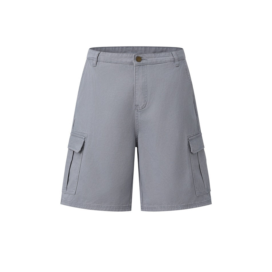 Light gray cargo shorts with button fly, belt loops and flap cargo pockets, flat front view