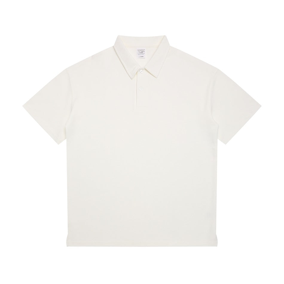 White short-sleeve polo shirt with two-button placket, flat lay front view