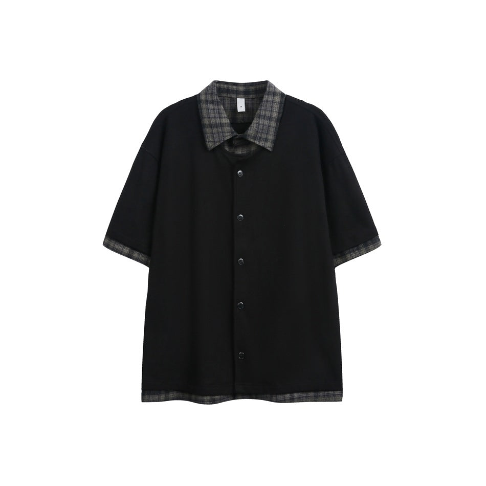 Black short-sleeve button-front top with plaid collar, sleeve cuffs and hem, flat front view