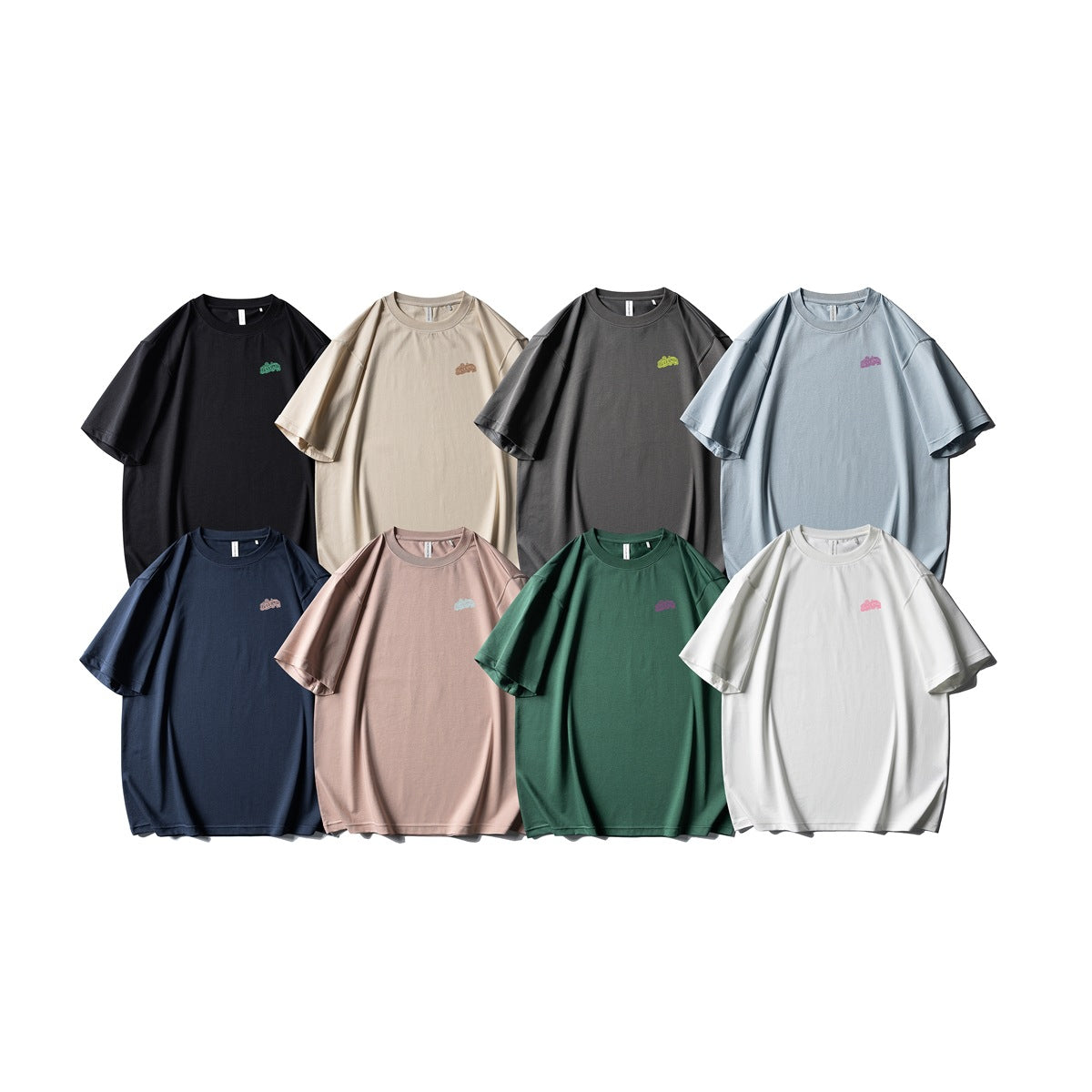 Eight short-sleeve crew-neck T-shirts in assorted colors, each with a small chest graphic.
