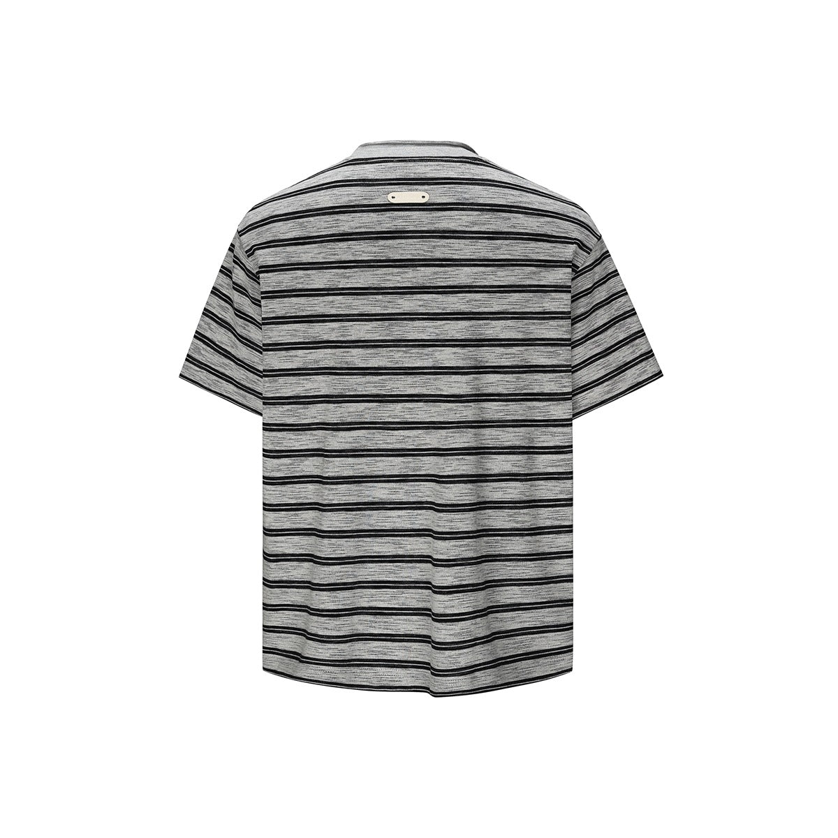 Back view of a short-sleeve gray shirt with horizontal black stripes and a small cream tab near the neckline.