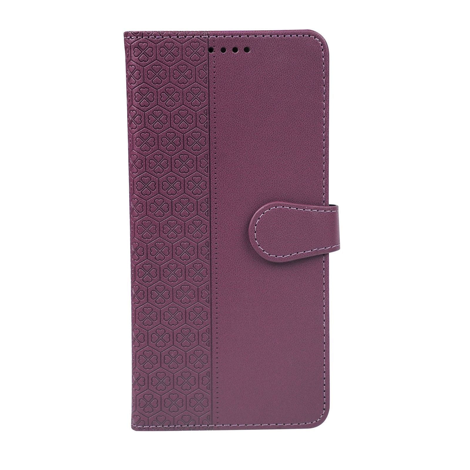A purple iPhone 16 Pro Max Wallet Case made of synthetic leather featuring a textured geometric pattern on the front, with a magnetic flap closure.