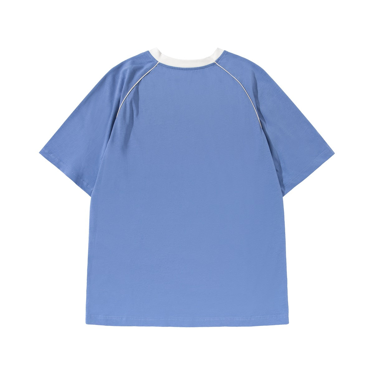 Back view of a blue short-sleeve T-shirt with a white collar and thin white curved piping.