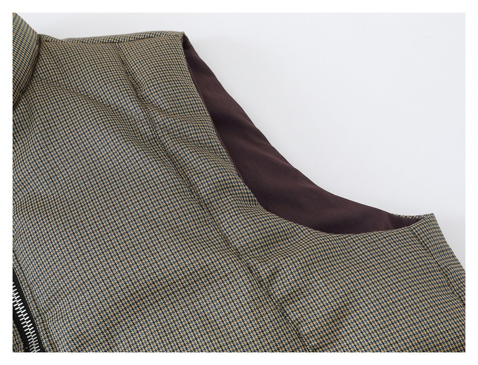 Close-up of the patterned jacket's side seam and dark brown lining.