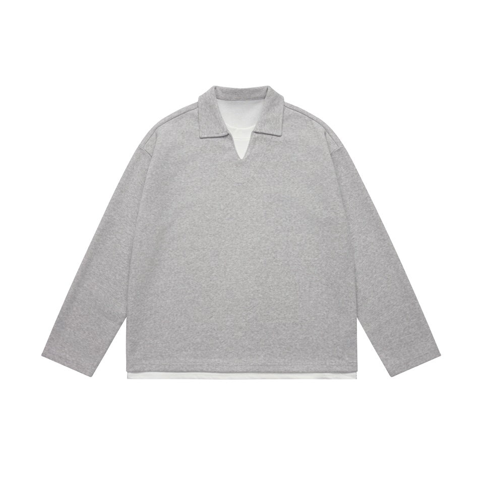Light gray long-sleeve pullover with polo collar, V-neck and white layered under-hem, flat lay front view