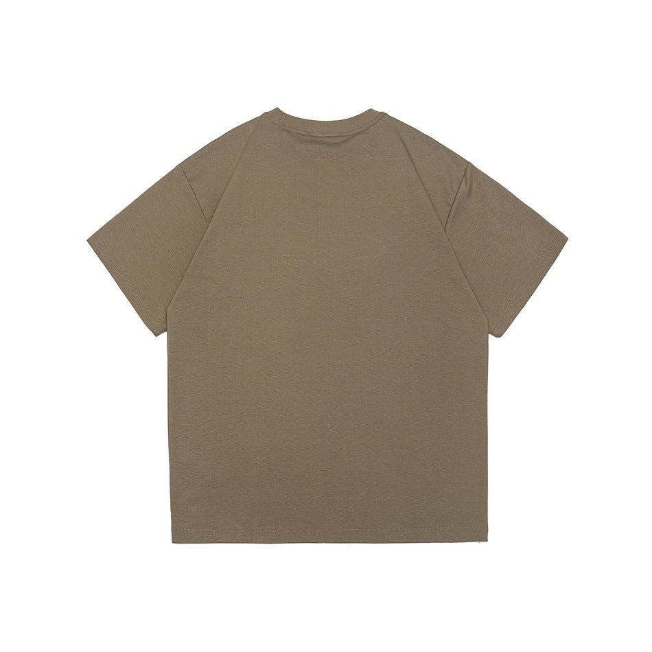Back view of a plain brown short-sleeve crew-neck T-shirt laid flat.