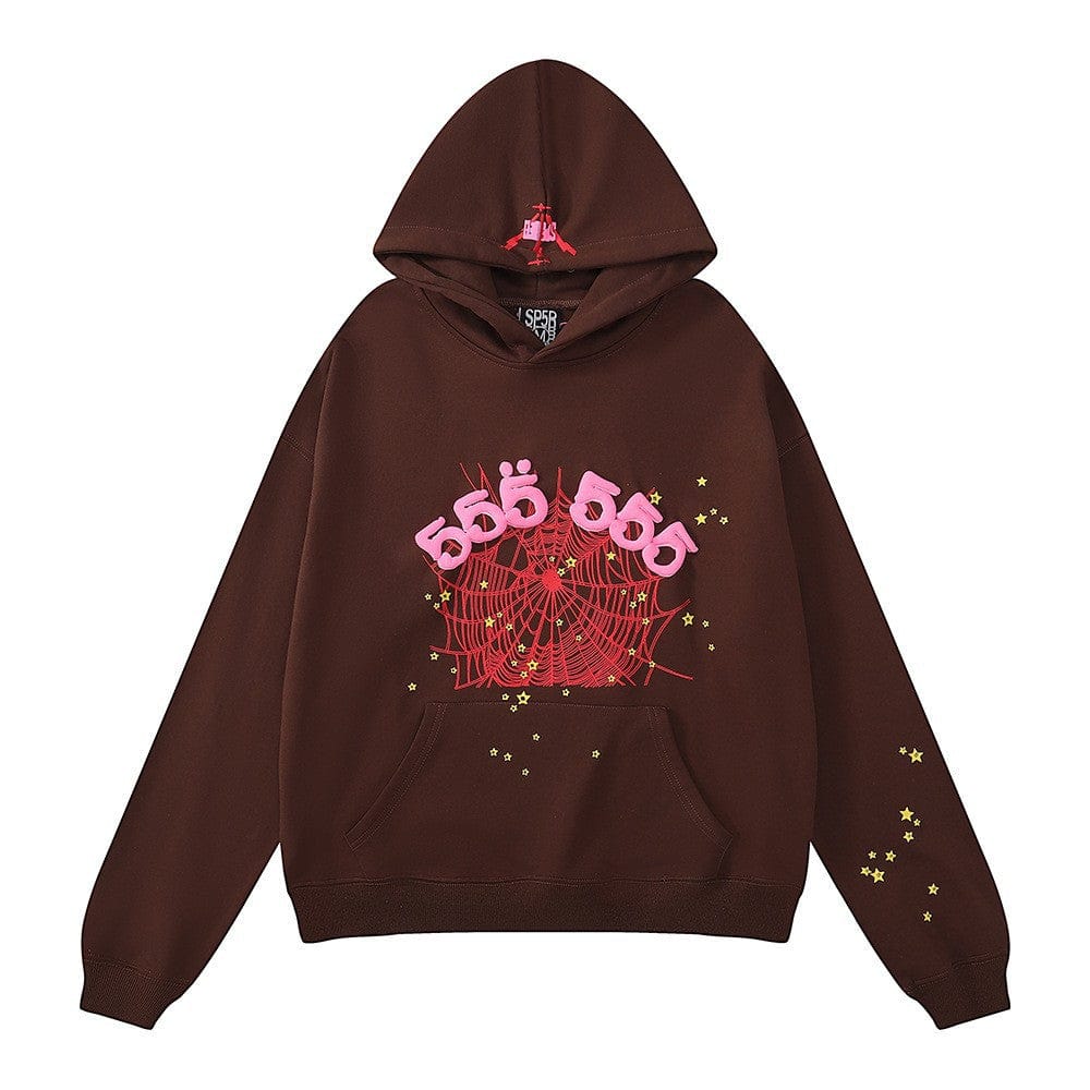 Sp5der “555 Web” Hoodie – Brown / Pink 440GSM Heavyweight Oversized Streetwear Pullover
