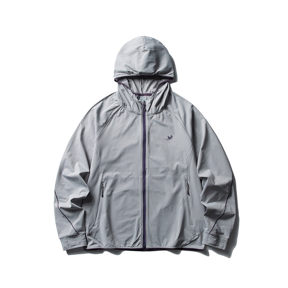 Light gray hooded zip-up lightweight jacket flat lay with purple zipper, piping and chest logo