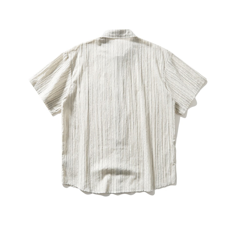 Back view of off-white striped short-sleeve shirt laid flat, showing a plain back and collar