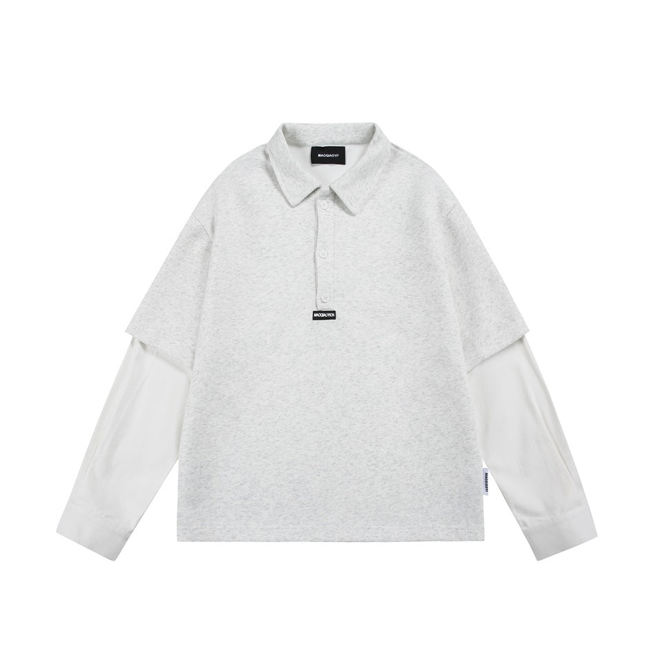 Light heather gray layered polo-collar sweatshirt with white long sleeves and three-button placket, flat front view
