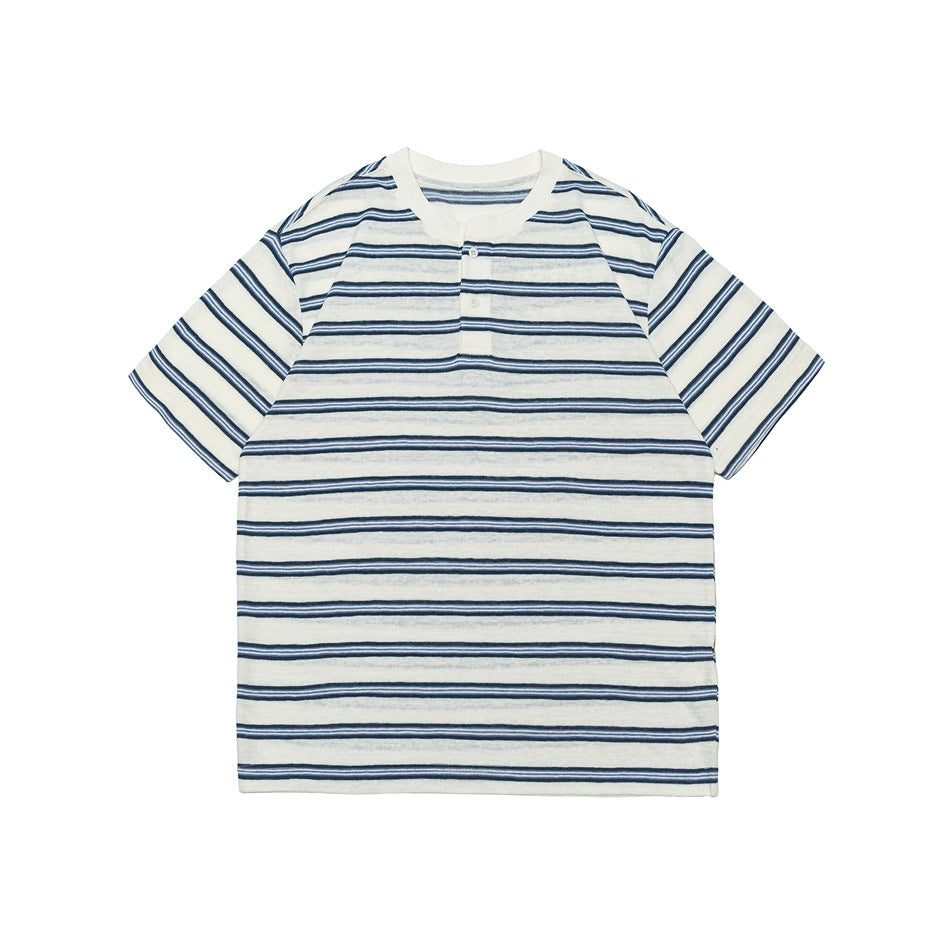 Blue and white striped short-sleeve Henley T-shirt with cream collar band and button placket, flat lay front view