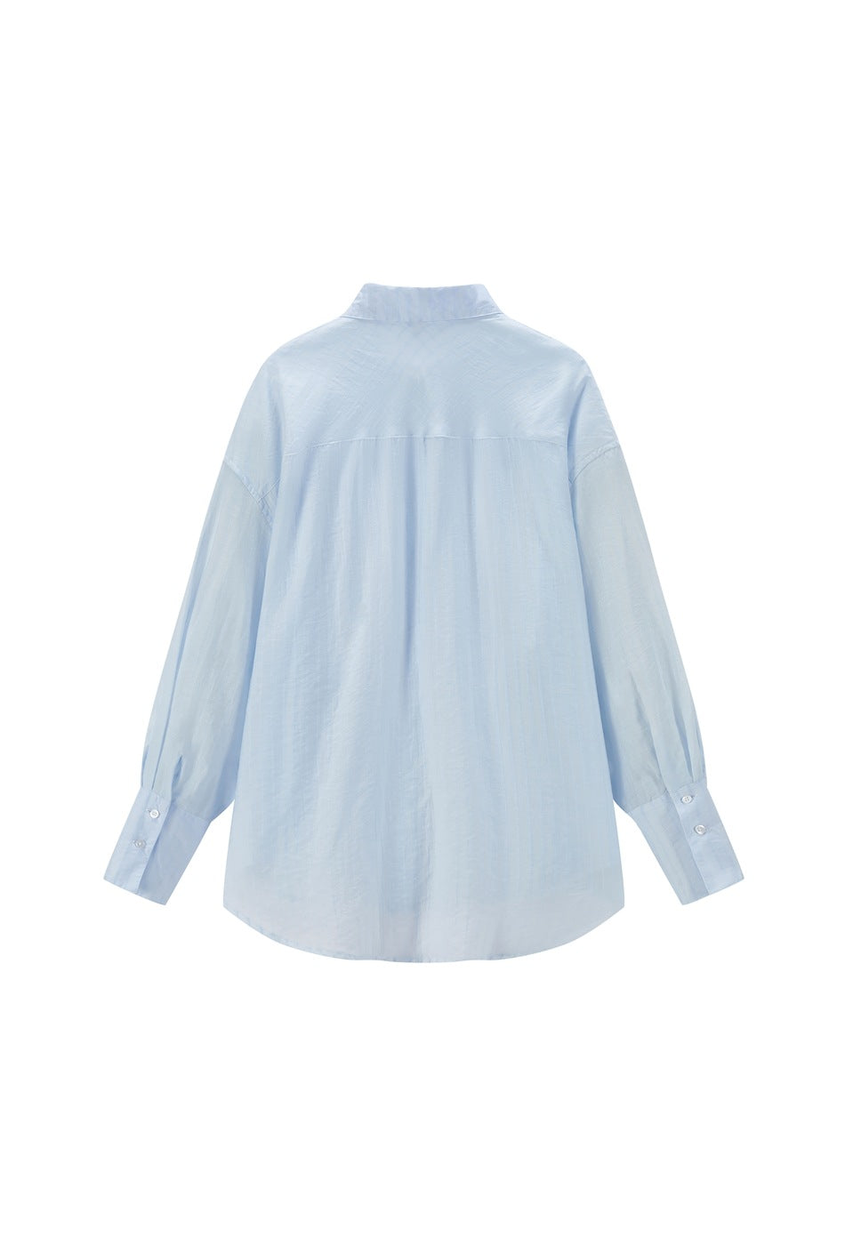 Back view of a light blue button-up shirt with back yoke seam, long sleeves and two-button cuffs