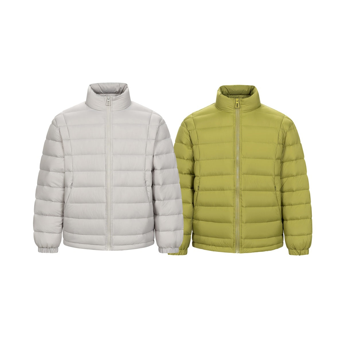 Front views of quilted, high-collar jackets in light gray and olive green.