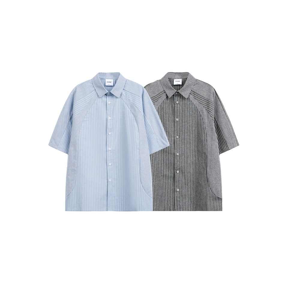 Two short-sleeve striped button-up shirts shown together: one light blue and one gray.