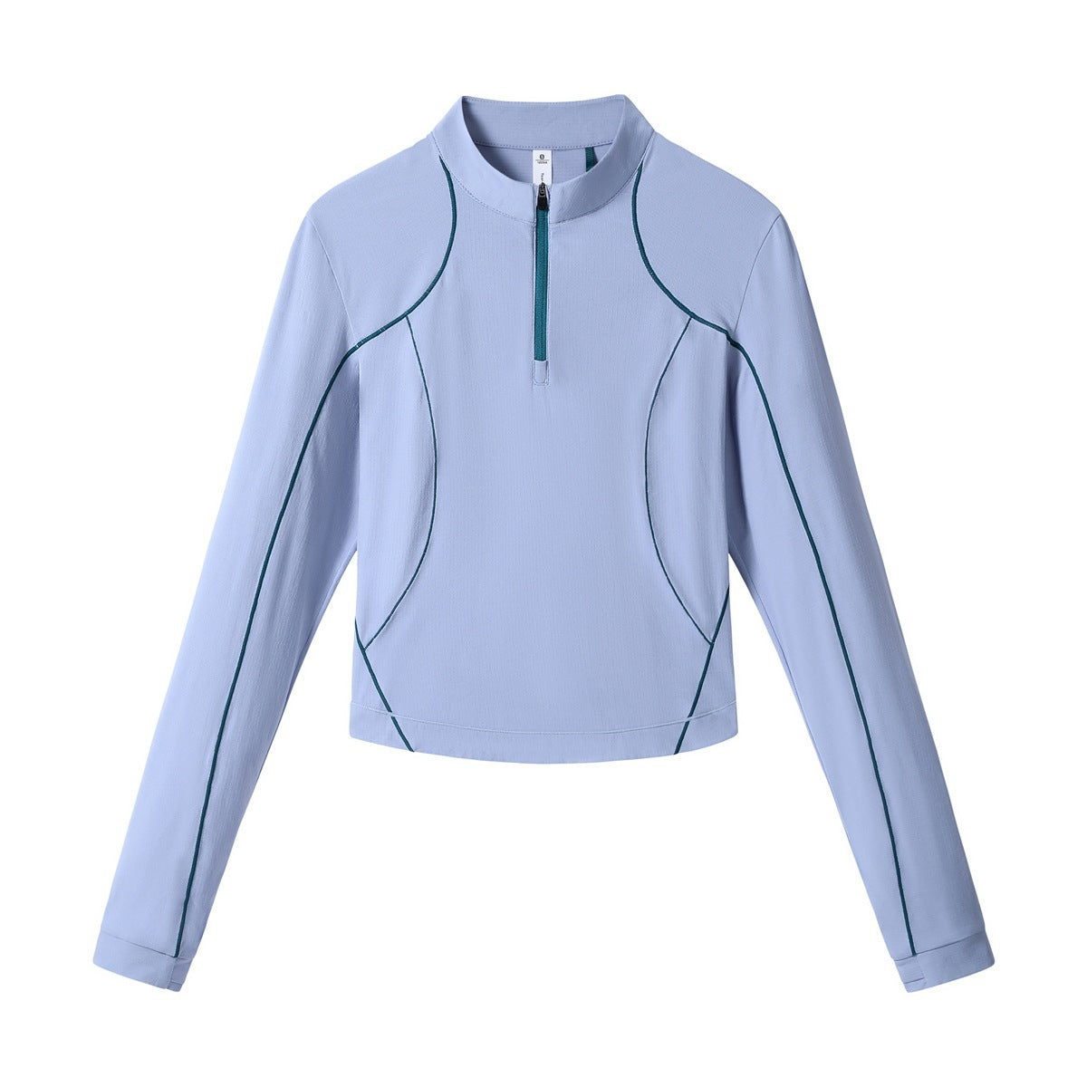 Periwinkle blue cropped half-zip long-sleeve top with dark teal contrast piping and zipper, flat lay