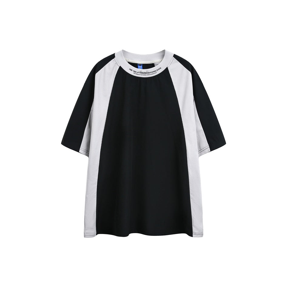 Black short-sleeve T-shirt with light gray raglan sleeves and side panels, collar text print, flat front view