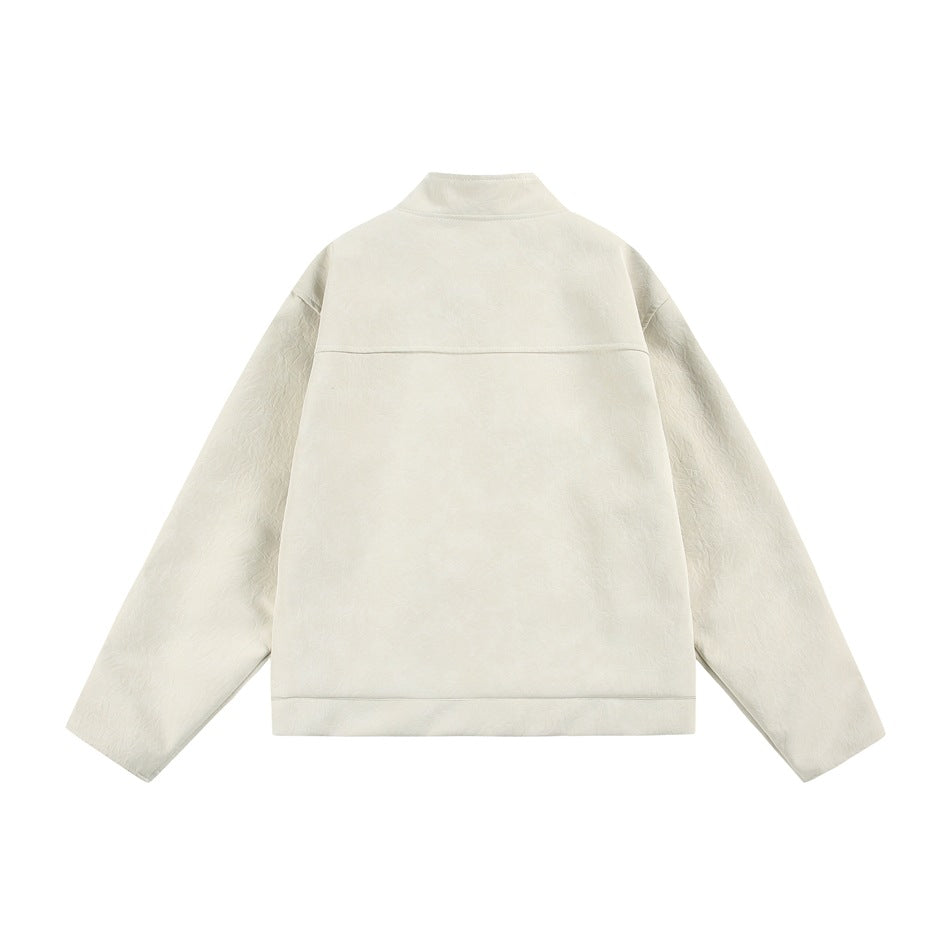 Back view of a beige stand-collar jacket with a straight upper-back yoke seam and a plain hem band