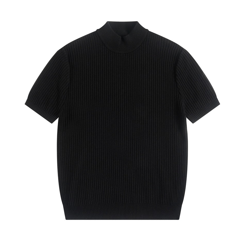 Front view of a black short-sleeve ribbed knit top with mock neckline, flat lay on white background
