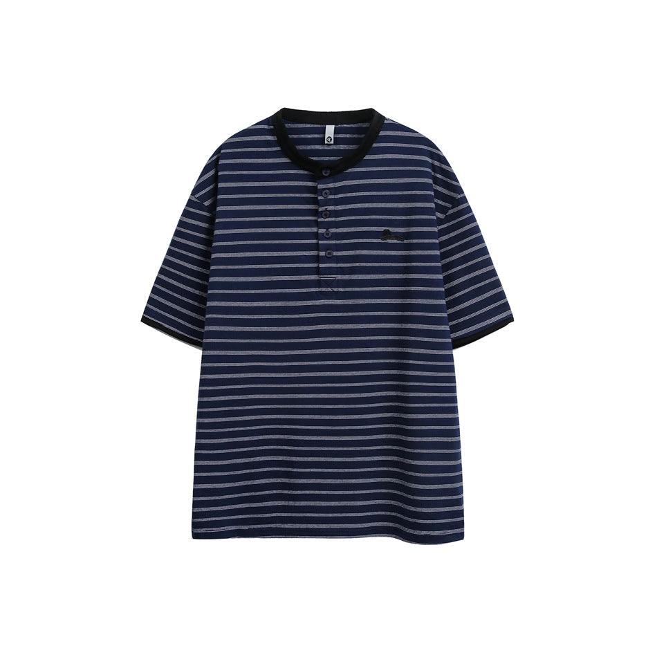 Navy striped short-sleeve Henley T-shirt with black collar and sleeve trim and a small embroidered chest logo