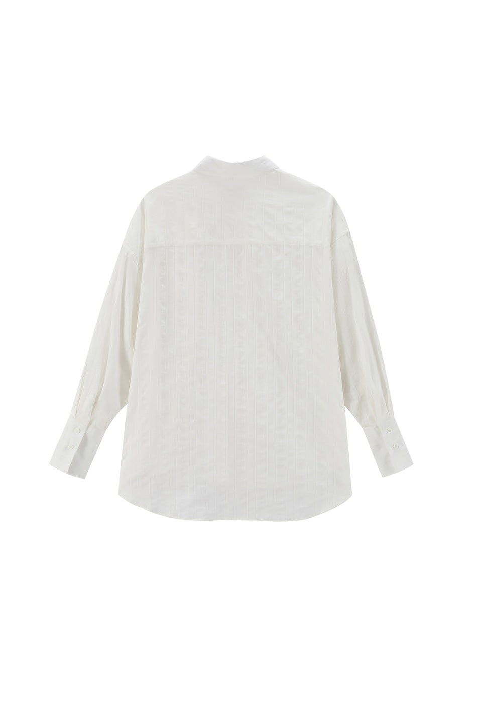 Back view of white long-sleeve shirt with back yoke, subtle vertical stripes and buttoned cuffs