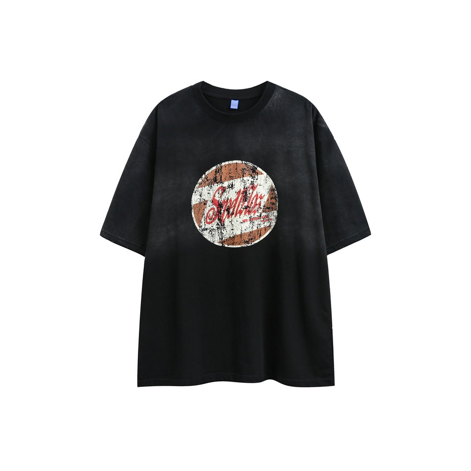 Black washed short-sleeve T-shirt with a distressed rust-brown, white and red circular chest graphic, flat front view