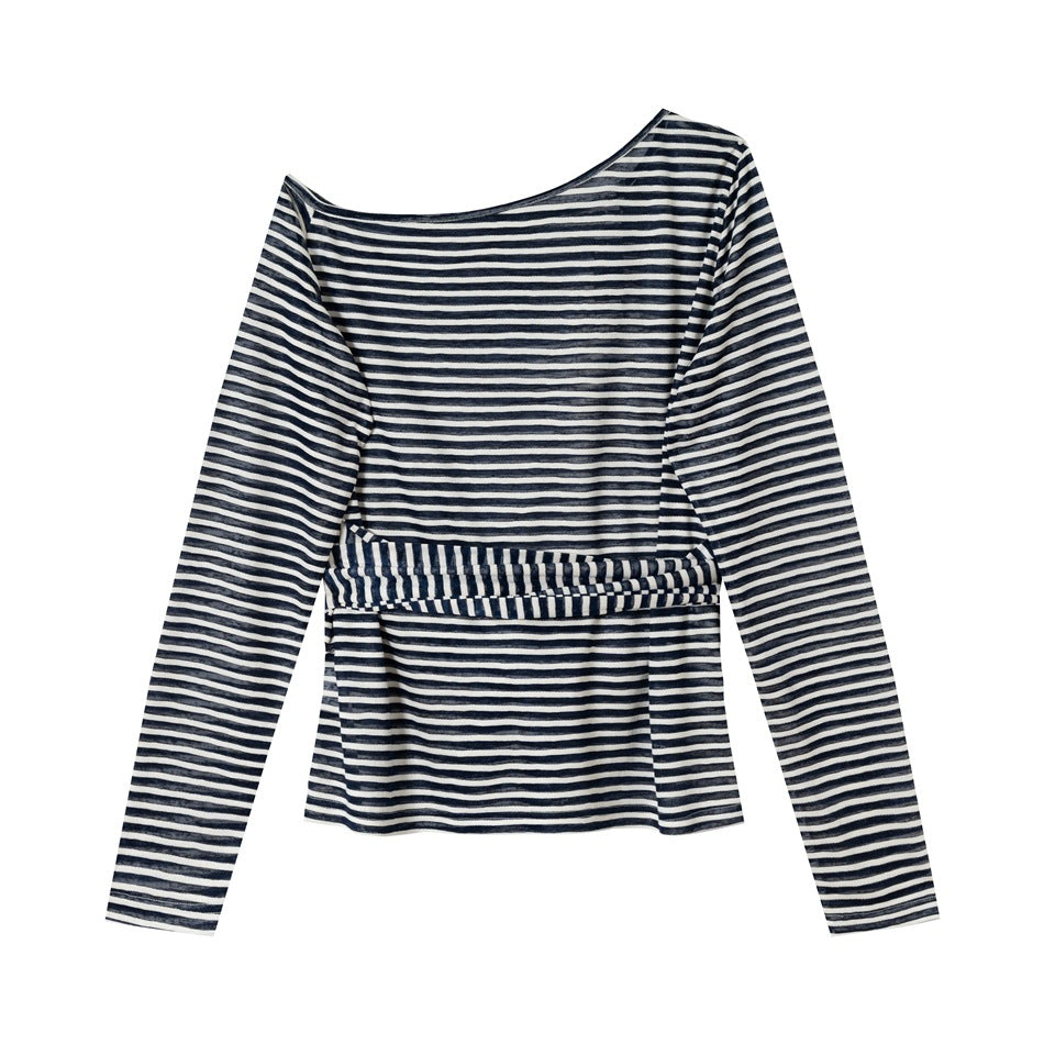 Back flat lay of a navy and white striped long-sleeve top with an asymmetric neckline and a waist sash across the back