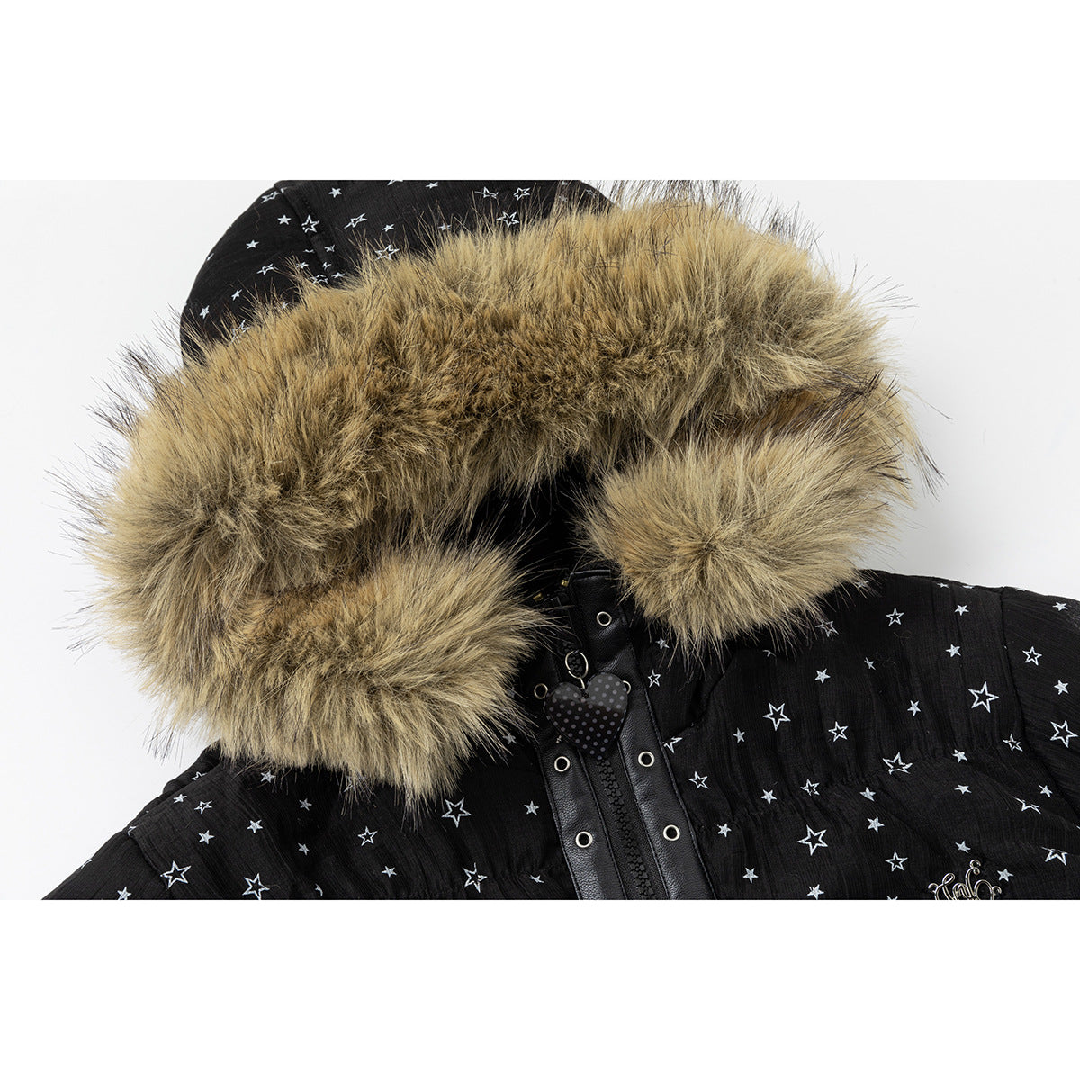 Close-up of the jacket's tan fur-trimmed hood, black zipper, and heart-shaped zipper charm.