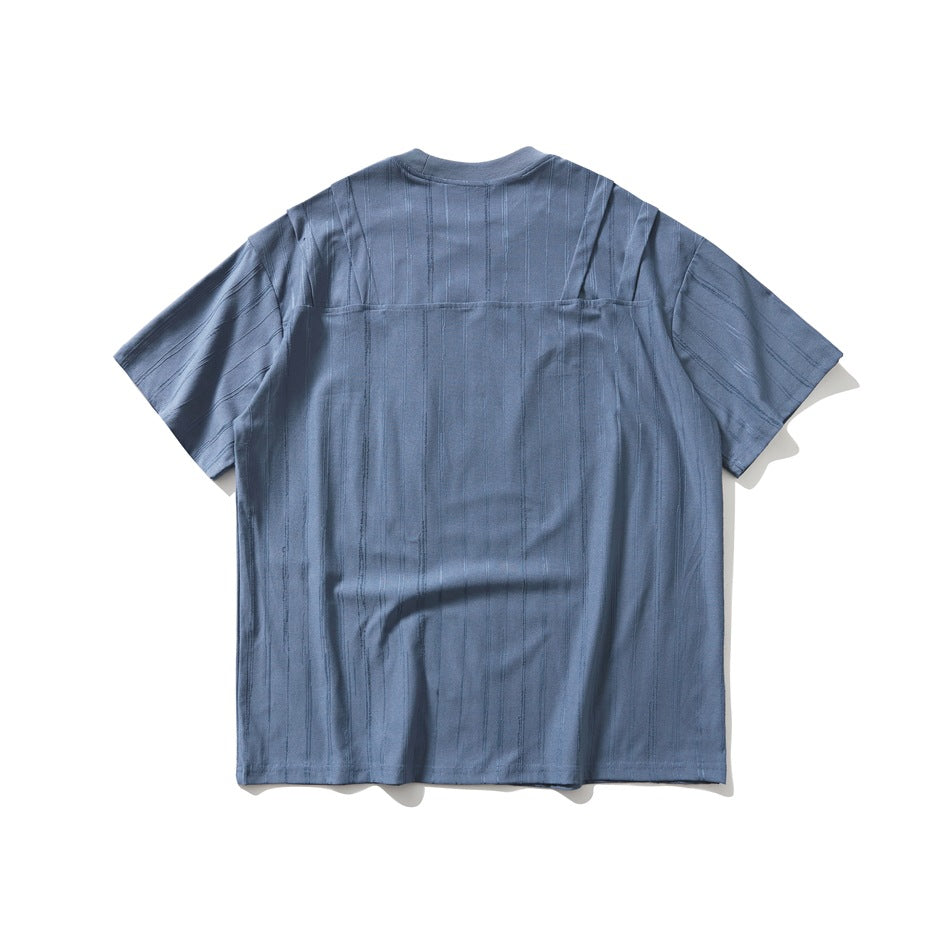 Back view of a blue short-sleeve crew-neck T-shirt with subtle vertical stripes, displayed flat.
