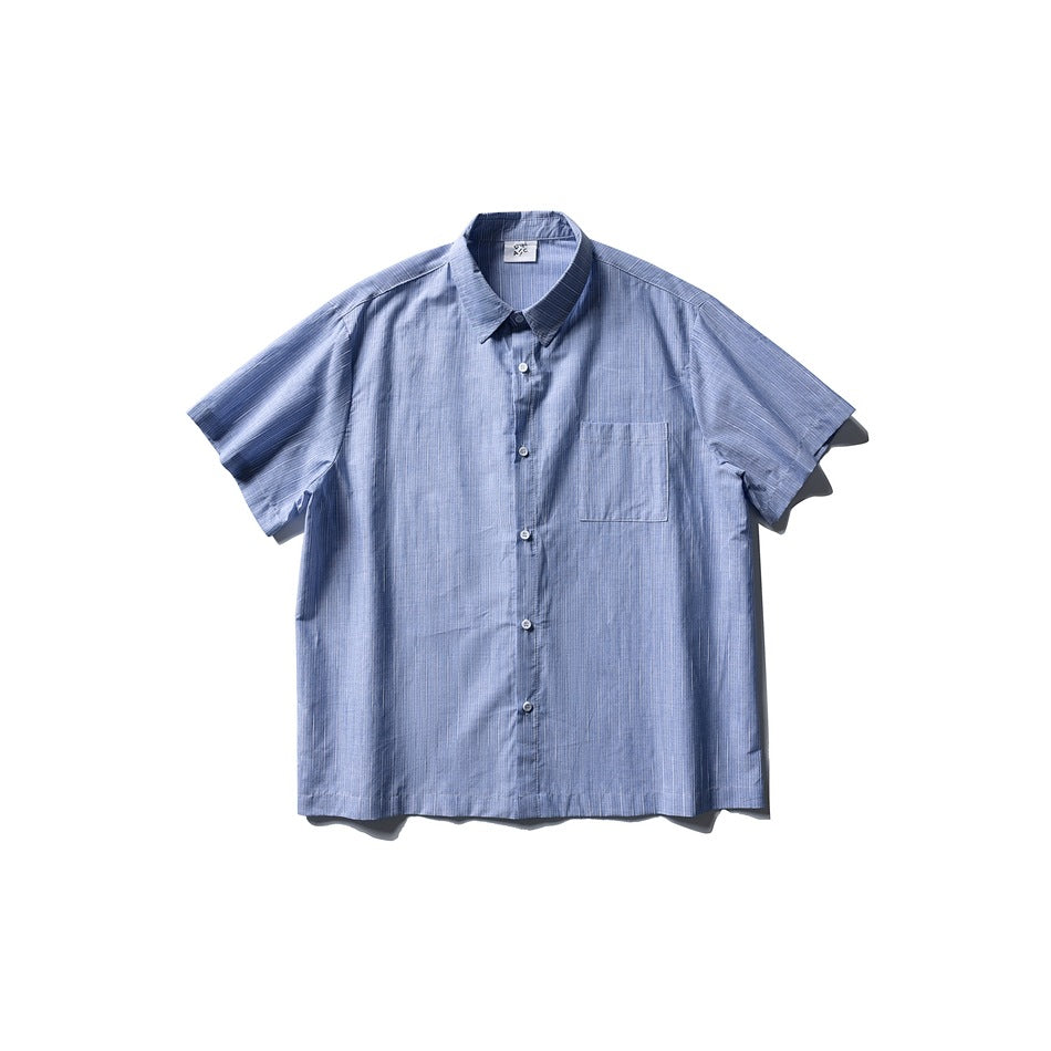 Blue pinstriped short-sleeve button-up shirt with chest pocket, flat lay front view