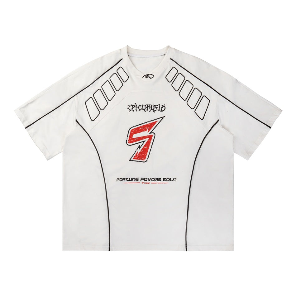 White short-sleeve T-shirt front with black piping, shoulder outlines, red S graphic and Fortune Favors Bold print