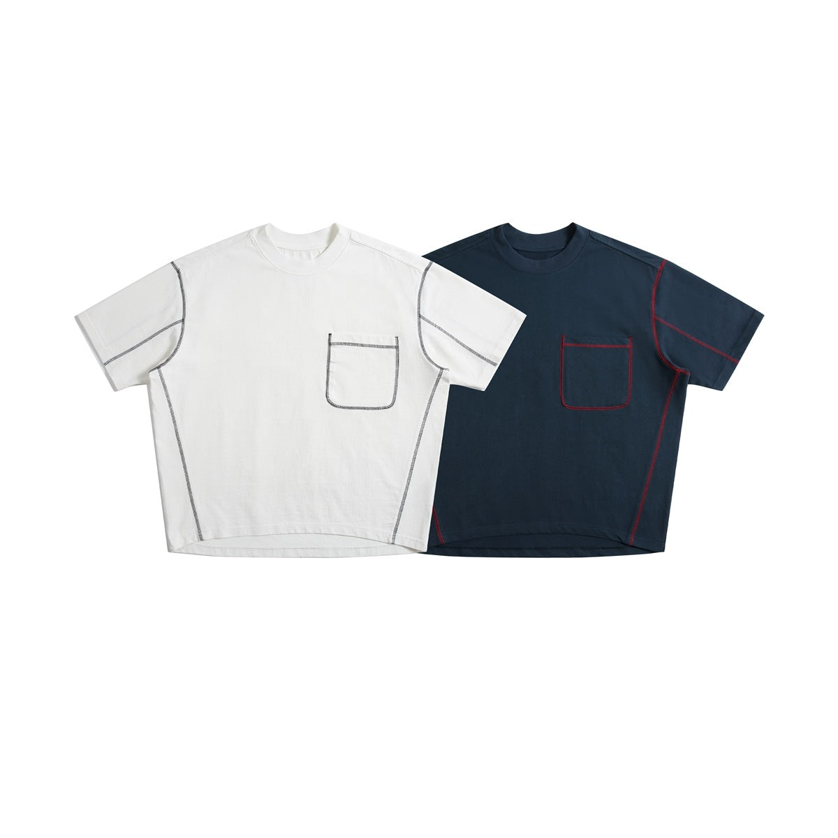 Two short-sleeve crew-neck T-shirts shown from the front: off-white with dark stitching and navy with red stitching.