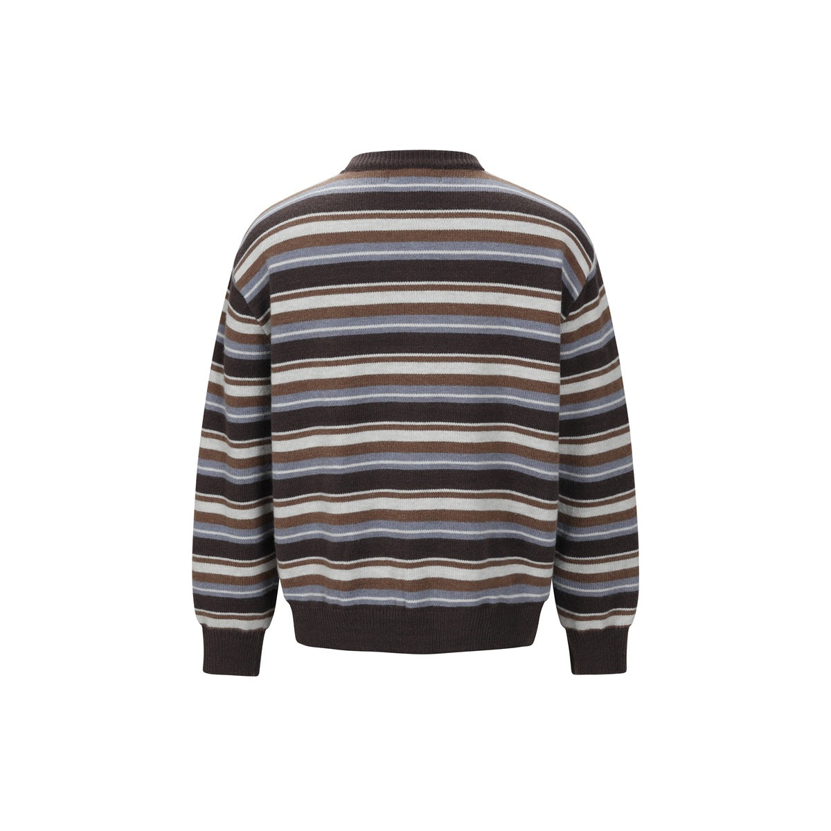 Back view of a brown cardigan with horizontal cream and blue-gray stripes and dark ribbed cuffs and hem.
