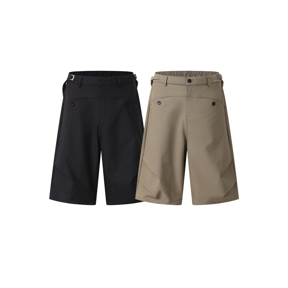 Black and taupe wide-leg shorts shown side by side from the front on a white background.