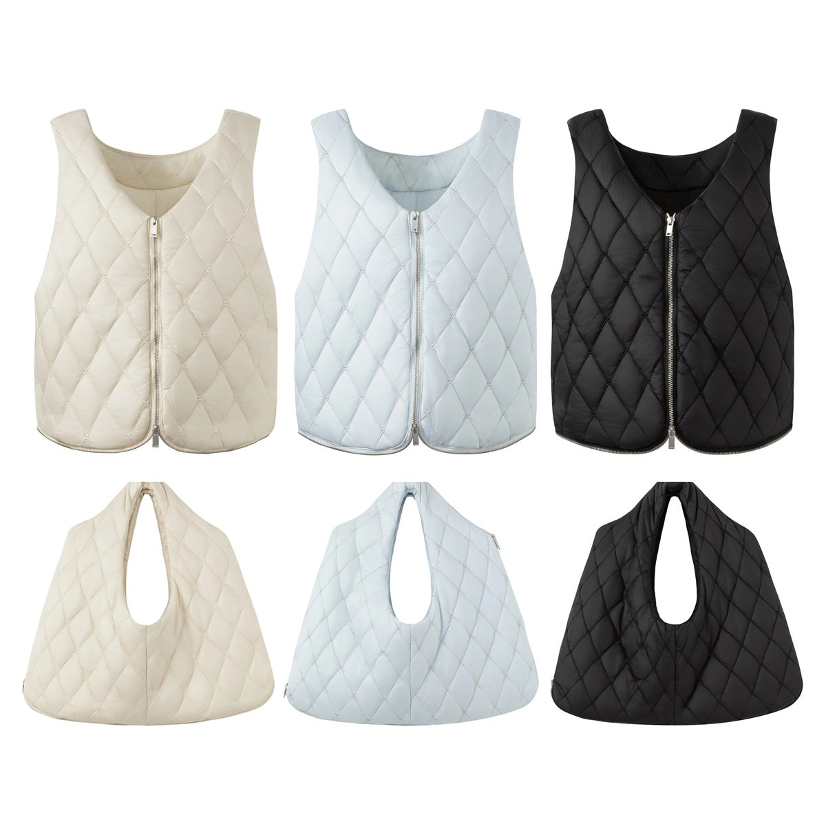 Quilted sleeveless vests shown from front and back in cream, pale blue, and black.