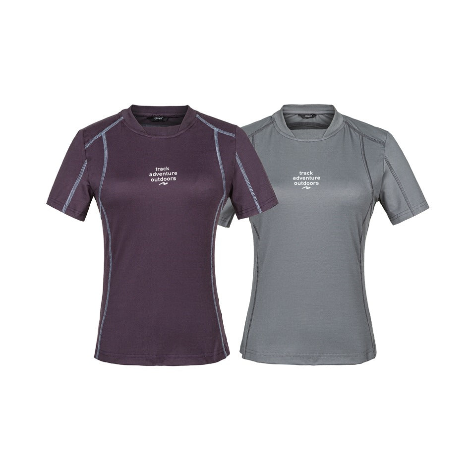 Front views of plum and gray short-sleeve shirts with crew necks, contrast seams and small chest logos.