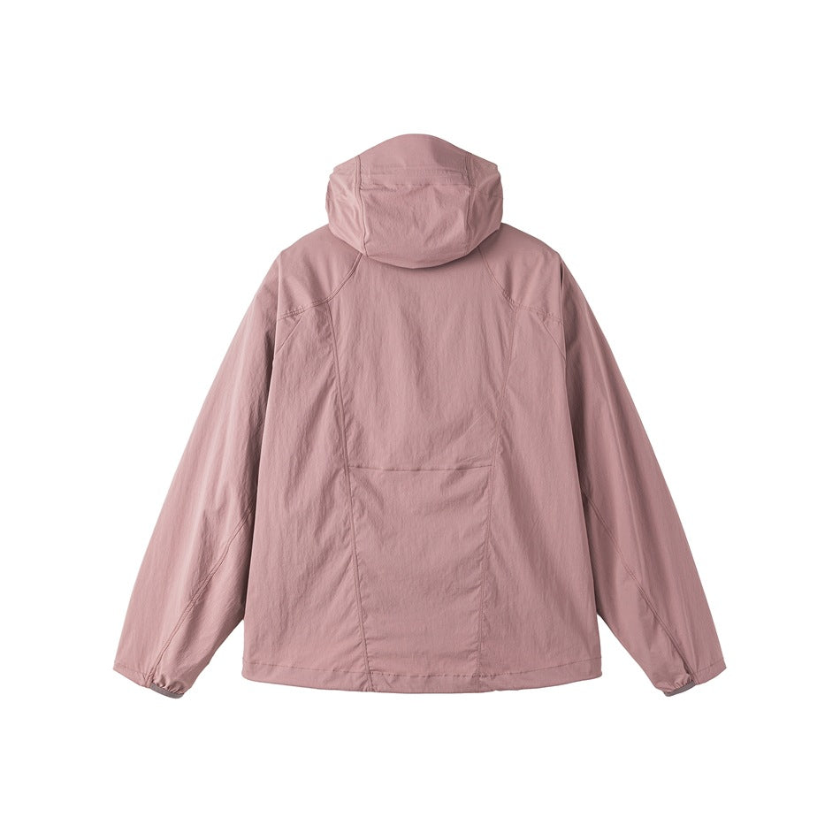 Back view of a dusty rose hooded jacket with long sleeves and curved seam detailing.