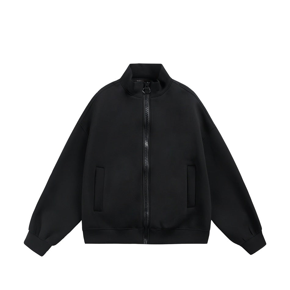Black stand-collar full-zip sweatshirt jacket, flat lay front, with oversized zipper, welt pockets and ribbed cuffs and hem