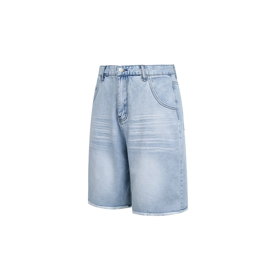 Front view of light-wash denim shorts with a button closure, front pockets, and frayed hems.