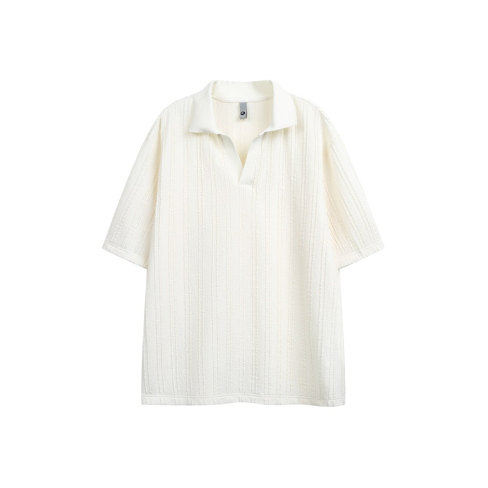 Off-white short-sleeve polo-style top with textured vertical stripes and open V-neck collar, flat lay