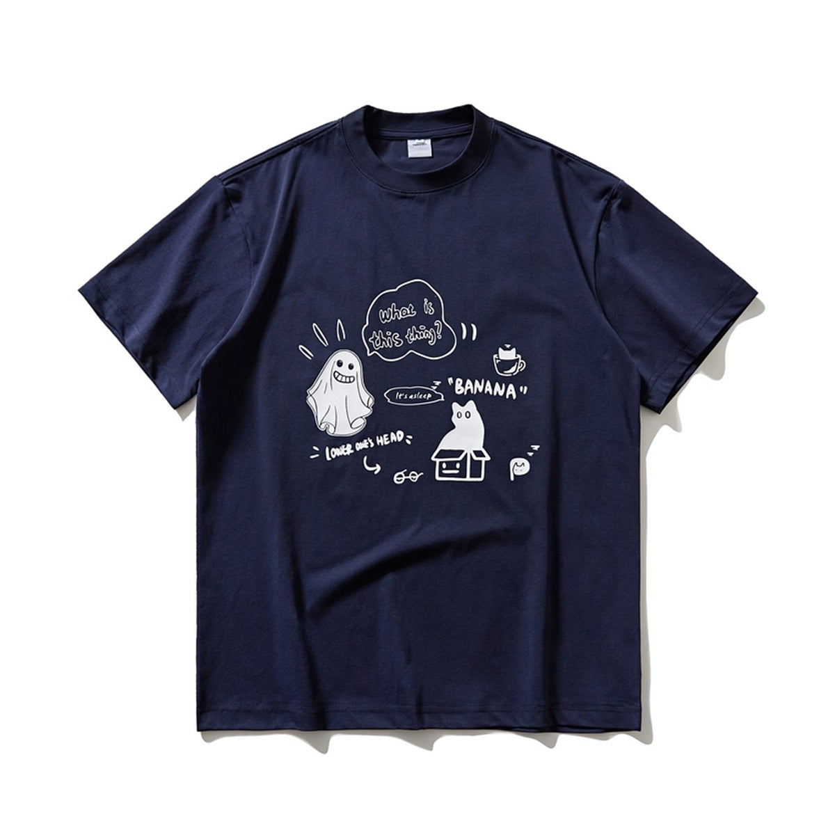 Navy short-sleeve crew-neck T-shirt with white ghost, cat and speech bubble doodle print on the chest