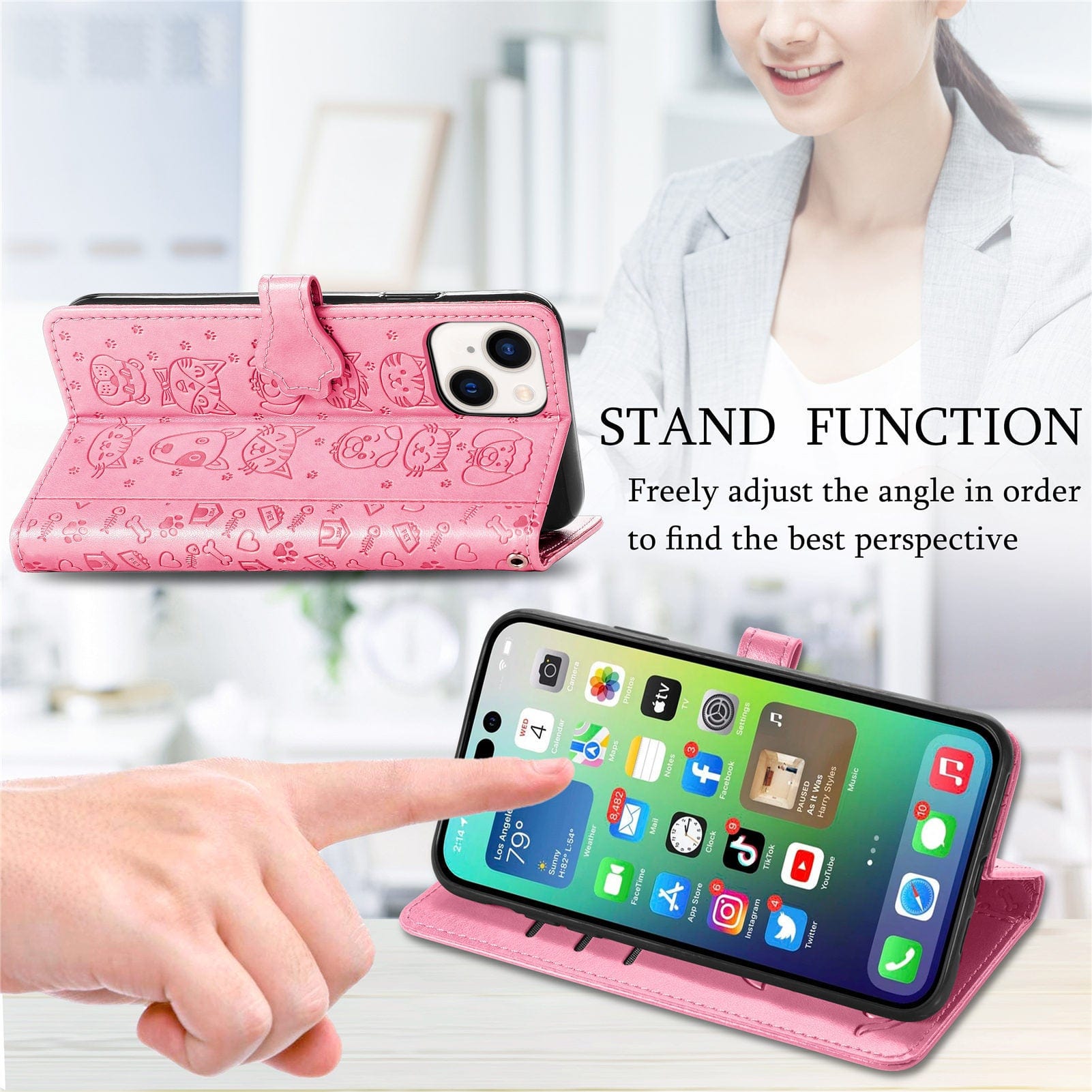 A person points at an iPhone 16 Pro Max Wallet Case with a cute cat and dog embossed design in pink PU leather, which is propped up on a stand. The case, featuring card slots, allows for angle adjustment.