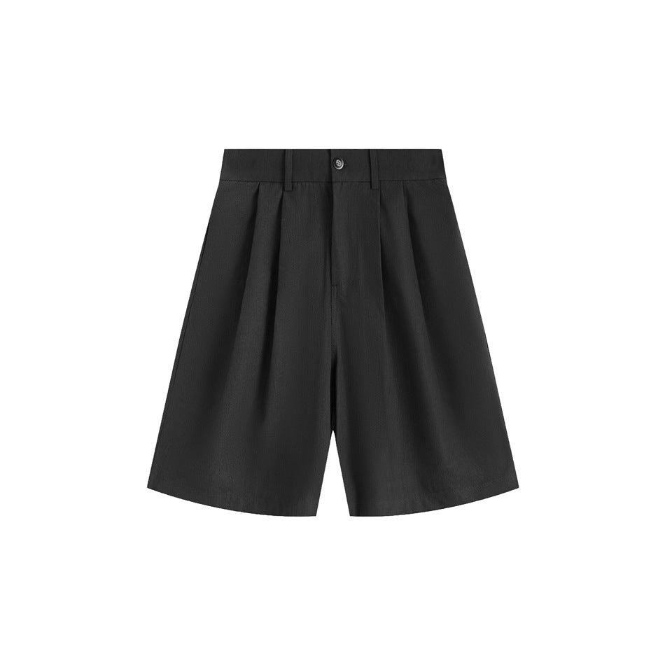 Dark gray pleated knee-length wide-leg shorts, front flat lay with button closure and belt loops