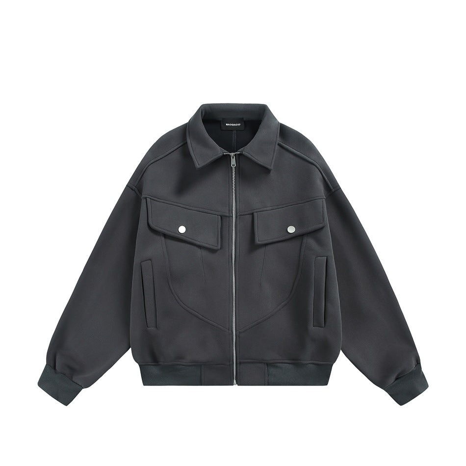 Dark gray zip-front jacket with collar, snap chest flap pockets, side pockets and ribbed hem, flat lay