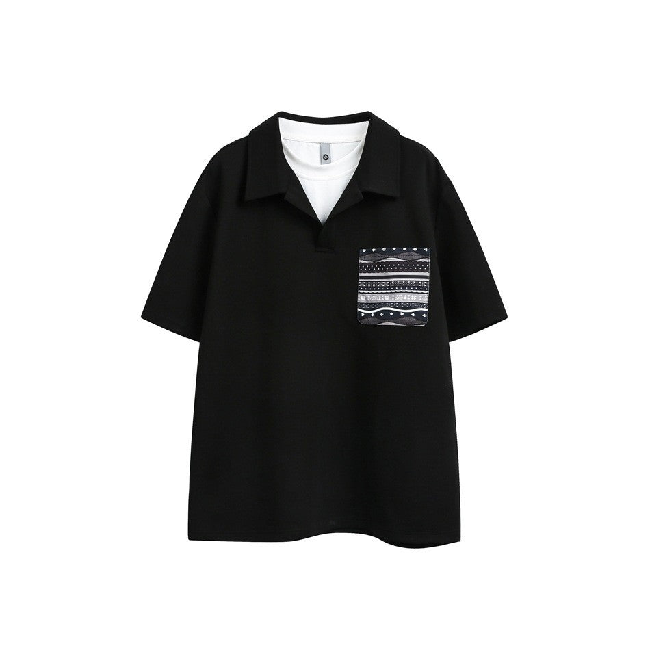 Black short-sleeve polo-style top with white layered neckline and geometric patterned chest pocket, flat front view