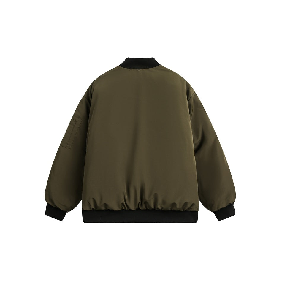 Back view of an olive bomber jacket with black ribbed collar, cuffs, and hem.